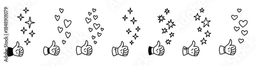 Handwriting thumb up like icons set. Cute line doodle falling stars and hearts. Social media reaction symbol. Like button. Post share concept. Live stream feedback illustration