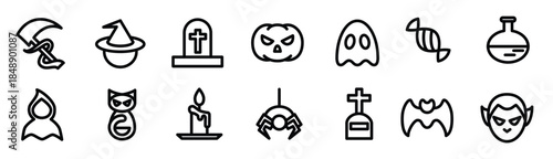 halloween line icons including hat sickle ghost pumpkin