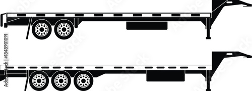Flatbed trailer silhouette vector, transport equipment illustration, two and three axle design, black cargo platform, logistics icon, industrial vehicle concept