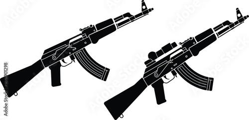 AK-47 silhouette vector, military rifle illustration, tactical weapon design, assault gun icons, black firearm shapes, combat gear concept, armed forces graphic