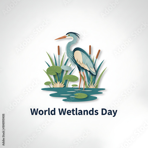World Wetlands Day illustration with heron bird and marsh plants