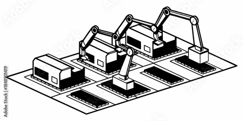 Industrial robotic arms on automated assembly line production vector