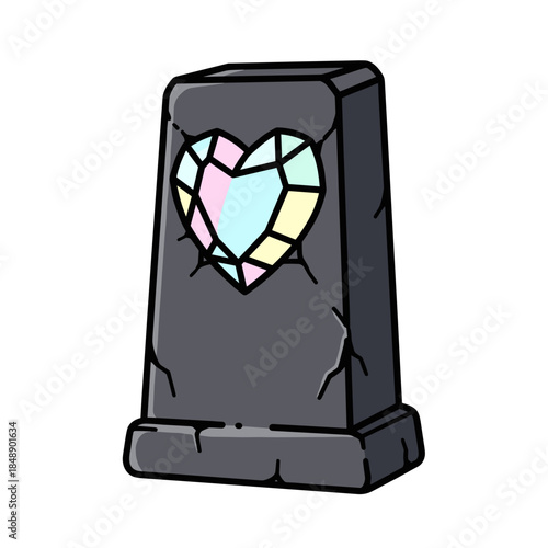 Monolith with giant crystal heart fragment displaying mystical qualities  