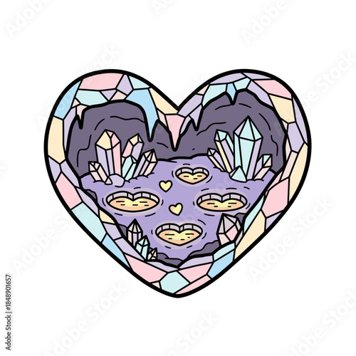 Heart-shaped crystal cavern with glowing pools and colorful crystals  