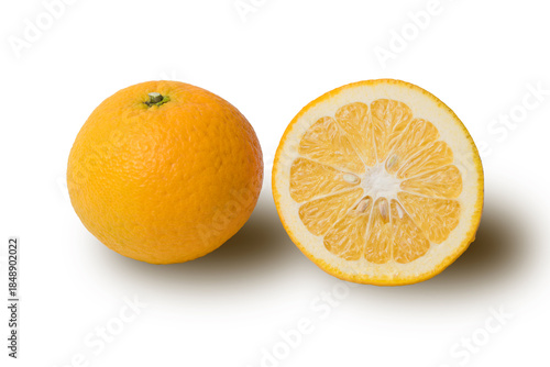 黄色く熟れた柑橘類と断面