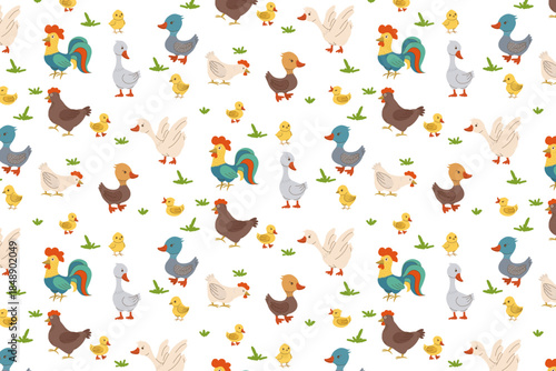 Seamless vector illustration featuring colorful farm animals such as chickens, ducks, and geese on a white background. Perfect for children s products, textiles, and designs.