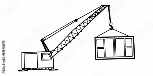 Mobile construction crane lifting a heavy container or window frame,industrial building equipment vector illustration in flat line art style.