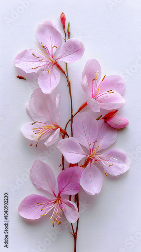 Beautiful pink flowers with delicate petals and yellow stamens on white background
