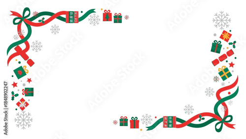 A festive Christmas frame decorated with red and green ribbons, gift boxes, and snowflakes on a white background, perfect for holiday greeting cards or invitations.