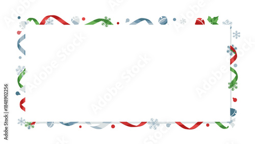 A festive Christmas frame with red ribbons, green garlands, and snowflakes on a white background, perfect for holiday greeting cards or decorations.