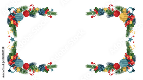 A festive Christmas frame made of green pine branches, red and blue ornaments, and golden decorations on a white background, perfect for holiday greeting cards or invitations.