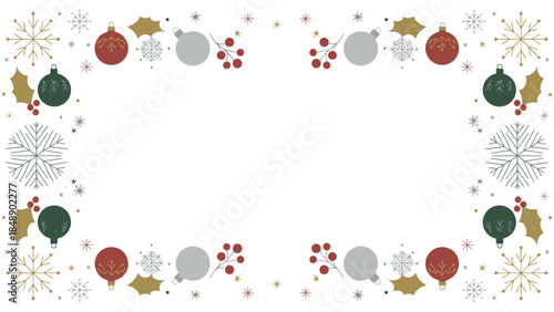 A festive frame of Christmas ornaments, snowflakes, and holly leaves on a white background, perfect for holiday greeting cards or decorations.