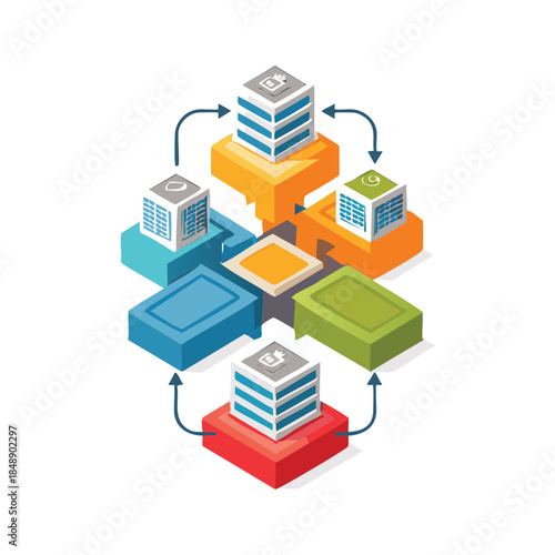 This set of 3d isometric building icons features a vector illustration of an urban city with business offices, industrial factories, and estate houses designed for a computer map plan