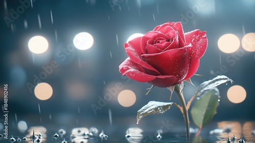 Vibrant Red Rose in Rain with Water Droplets and Bokeh Lights