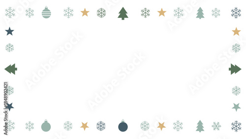 A festive frame decorated with Christmas ornaments, snowflakes, and trees on a white background, featuring a mix of green, blue, and gold elements.