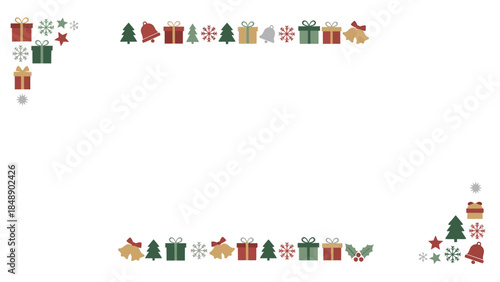 A festive Christmas frame featuring a colorful arrangement of wrapped presents, Christmas trees, snowflakes, reindeer, and stars on a white background.
