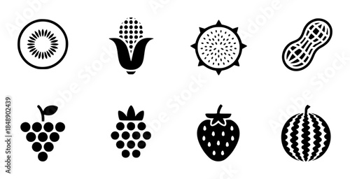 Black and white fruit and vegetable isolated white background