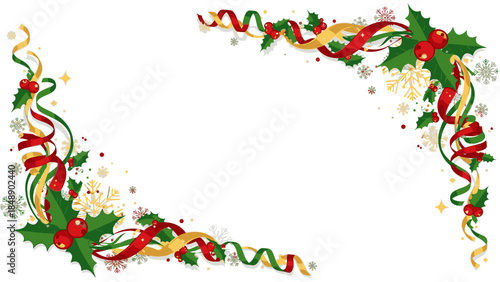 A festive Christmas frame adorned with ribbons, holly, and ornaments on a white background, perfect for holiday greetings and decorations.