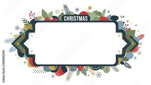 A festive Christmas frame with a green border, adorned with colorful ornaments, snowflakes, and holly leaves on a white background.