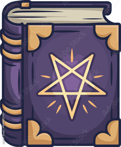 Mystical Purple Spellbook Vector Graphic with Golden Pentagram Symbol for Occult and Esoteric Designs