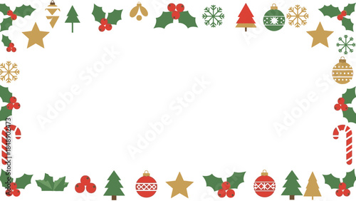 A festive Christmas frame with a border of green holly, red berries, gold stars, candy canes, and colorful ornaments on a white background.