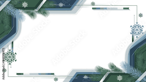 A festive Frame Christmas border with green, blue, and white hues featuring snowflakes and pine branches on a white background.