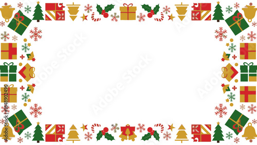 A colorful Christmas frame border with festive icons and decorations on a white background for holiday greeting cards or invitations.