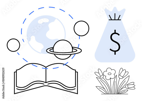 Open book, planetary orbit, money bag with dollar sign, and a floral design. Ideal for education, science, finance, sustainability, environmental studies creativity and learning themes