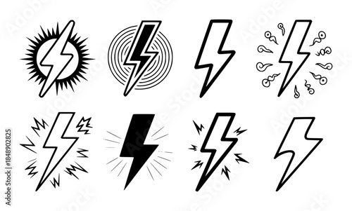 Black lightning bolt symbols in various styles isolated white background editable