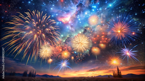 Colorful pyrotechnics explode in the dark night sky over the river during a festive New Year celebration display with bright red and blue firework lights