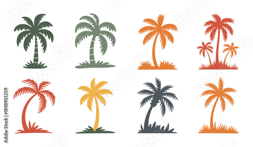 Colorful tropical palm trees set isolated white background