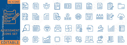 Clean outline-style assessment and evaluation icon set including checklist, report, analytics, rating, certification, and document symbols; ideal for UI/UX, dashboards, business presentations.