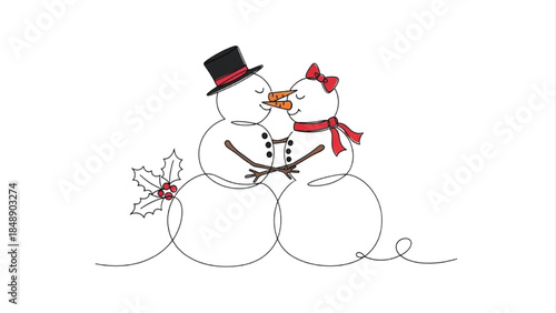 Minimalist Line Art Snowman Couple Kissing Christmas Love Illustration Isolated