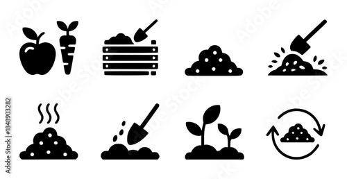 Composting process steps with black in flat white background soil dirt