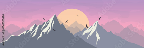 Mountain Landscape View Sunset Sunrise Pink Purple Sky Birds Silhouettes Horizontal Banner.