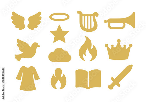 Set of christian symbols: angel wings, halo, dove, lyre, trumpet, star, cloud, flame, crown, robe, book, sword