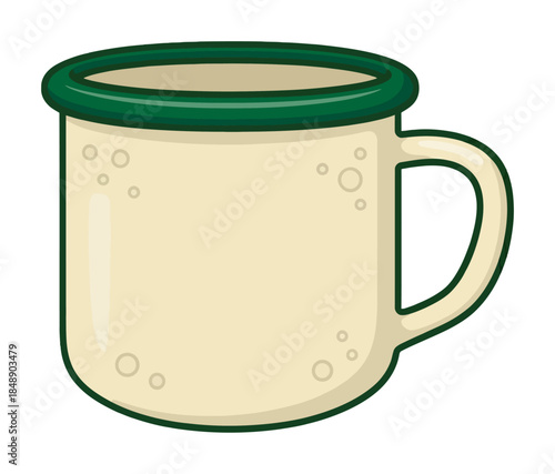 Green rimmed enamel mug with handle isolated white background