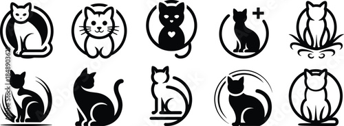 Cat logo silhouette collection with modern circular designs, black and white feline pet icons isolated on white background vector