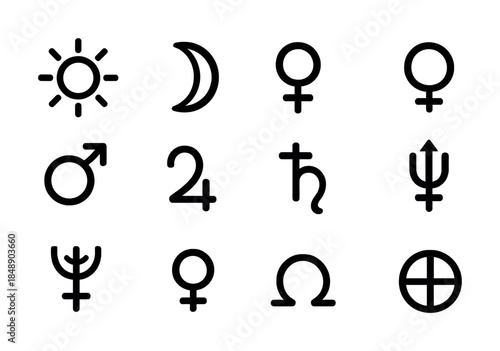 Astrological symbols collection: sun, moon, planets, zodiacs