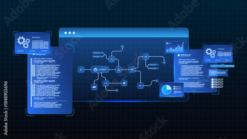 AI workflow automation artificial intelligence. ai agent system architecture with workflow automation, code modules, analytics dashboards, and data integration.