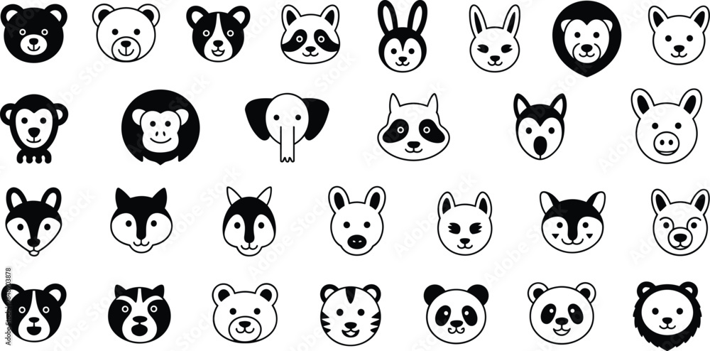 Obraz premium Cute animal face icon set with bear fox panda rabbit monkey lion silhouettes, black and white cartoon wildlife collection