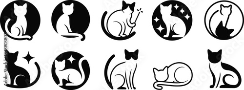 Cat silhouette logo set with bow and playful poses, black and white feline pet icons isolated on white background