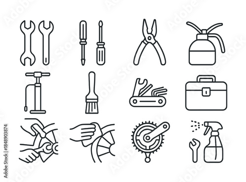 Vector Bicycle repair tools: wrenches, screwdrivers, pliers, oil can, pump, brush, multitool, toolbox