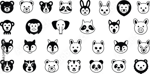 Cute animal face icon set with bear fox panda rabbit monkey lion silhouettes, black and white cartoon wildlife collection