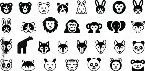 Cute animal face icon set with bear rabbit lion fox panda monkey silhouettes, black and white vector collection