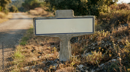 A signpost marks the edge of a dirt road in a rural area. The road, bordered by grass and small plants, reveals a natural landscape. Bright light bathes the scene.