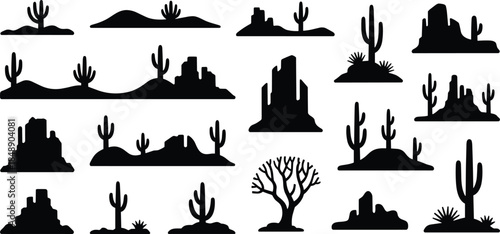 Desert landscape silhouette collection with cactus and rock formations, black western nature scenery elements isolated on white background
