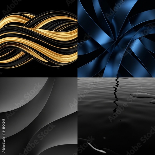 16K ultra-HD luxury abstract background set, four different designs:

1. black gold flowing waves,


2. dark blue metallic curves,


3. matte charcoal soft gradients,


4. glossy black reflective surf
