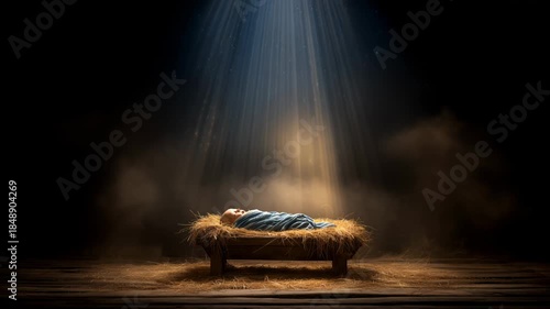 Jesus lies in a manger surrounded by light and stars during a quiet moment in Bethlehem at night