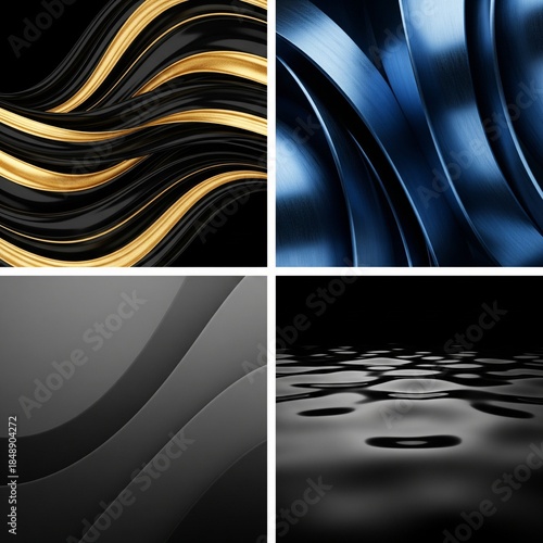 16K ultra-HD luxury abstract background set, four different designs:

1. black gold flowing waves,


2. dark blue metallic curves,


3. matte charcoal soft gradients,


4. glossy black reflective surf